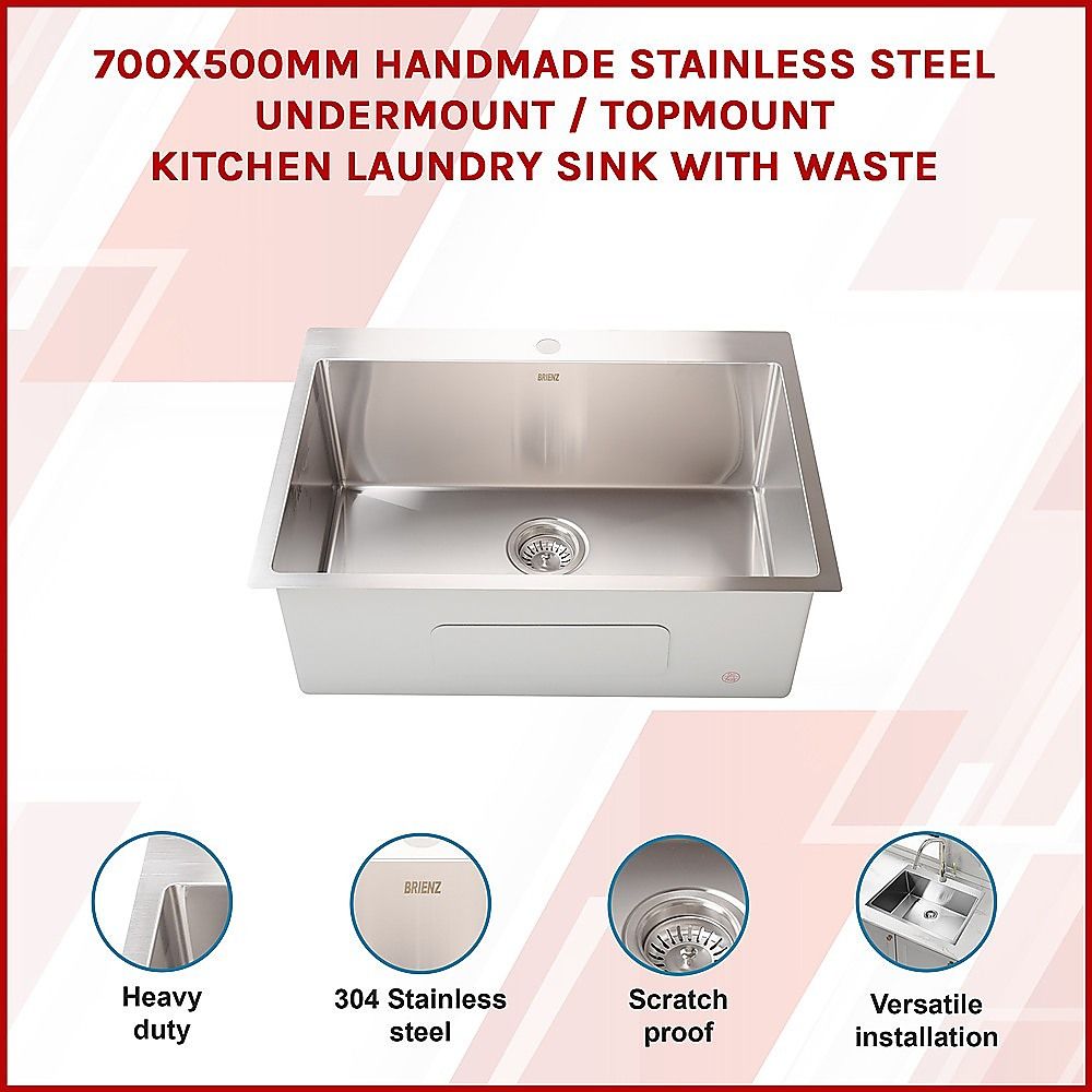 700x500mm Handmade 1.5mm 16 Gauge Stainless Steel Kitchen Laundry Sink with Waste