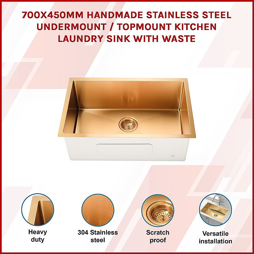 700x450mm Handmade 1.5mm 16 Gauge Gold Stainless Steel Kitchen Laundry Sink with Waste