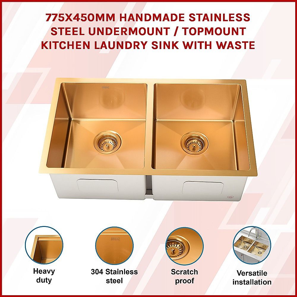 775x450mm Handmade 1.5mm 16 Gauge Gold Finish Stainless Steel Kitchen Laundry Sink with Waste