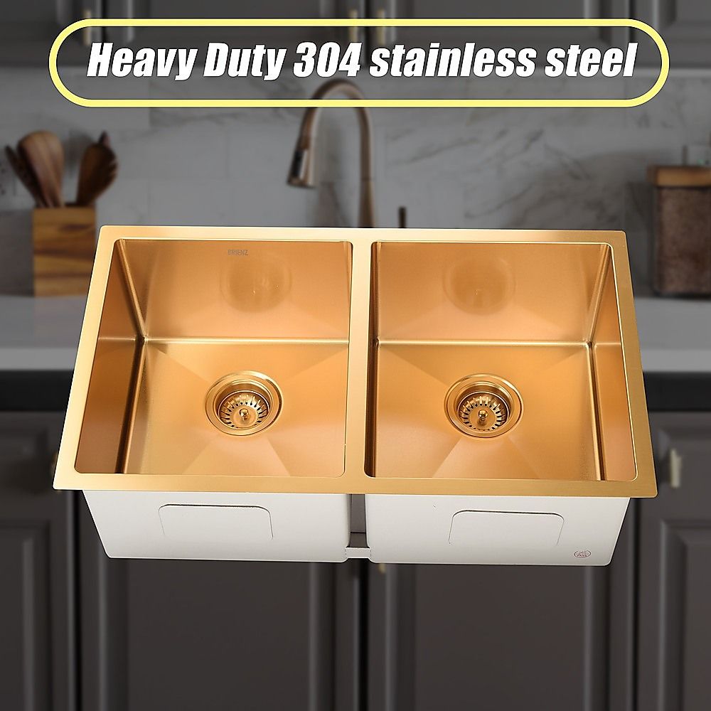 775x450mm Handmade 1.5mm 16 Gauge Gold Finish Stainless Steel Kitchen Laundry Sink with Waste