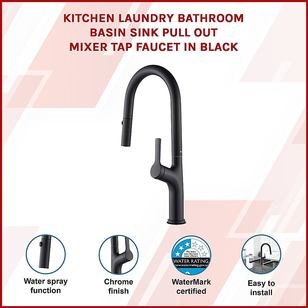 Black Pull Out Kitchen Mixer Tap Stainless Steel Sink Faucet WELS Certified
