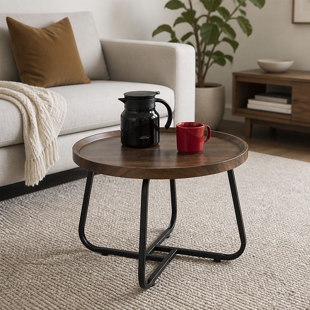 Round Coffee Side Table, Density Board Top, Metal Frame, 50x50x39cm Size