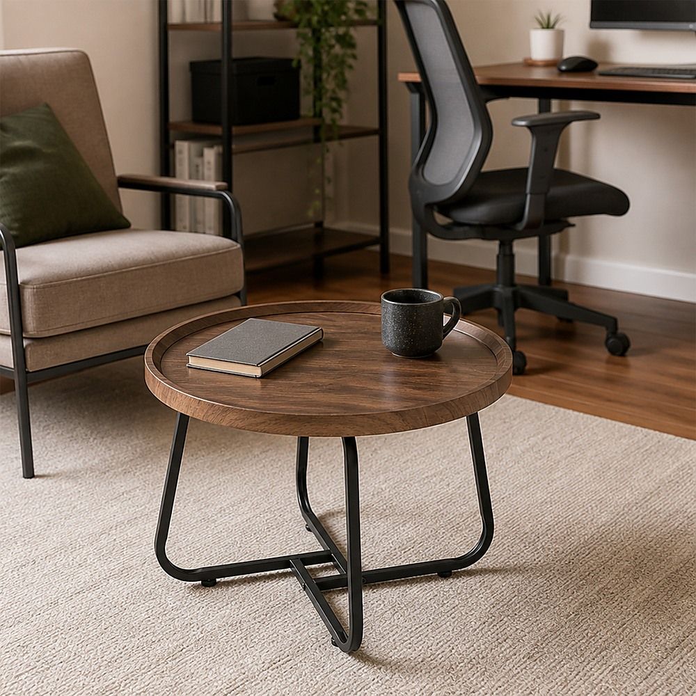 Round Coffee Side Table, Density Board Top, Metal Frame, 50x50x39cm Size