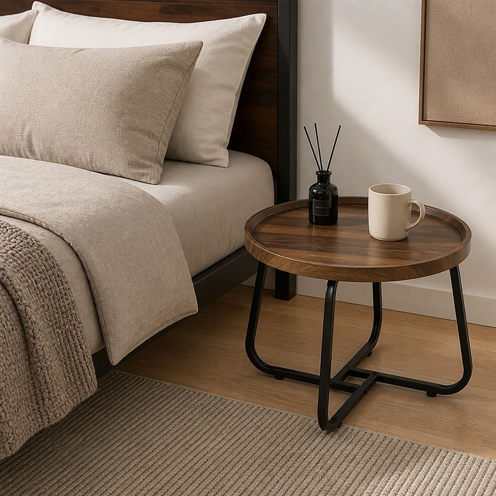 Round Coffee Side Table, Density Board Top, Metal Frame, 50x50x39cm Size