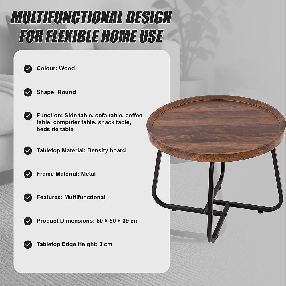 Round Coffee Side Table, Density Board Top, Metal Frame, 50x50x39cm Size