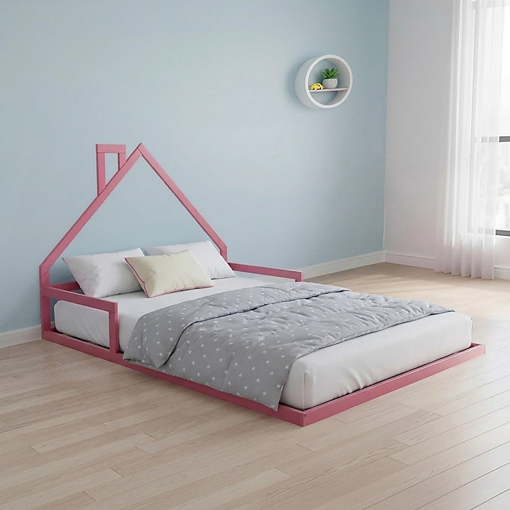 Pine Wood House Bed Frame with Rounded Corners for Kids, Double Size
