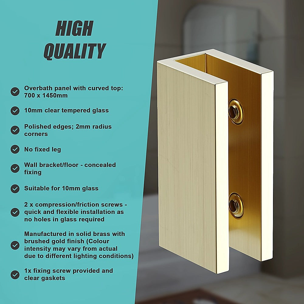 70cm Frameless Glass Bath Screen with Brackets - Gold