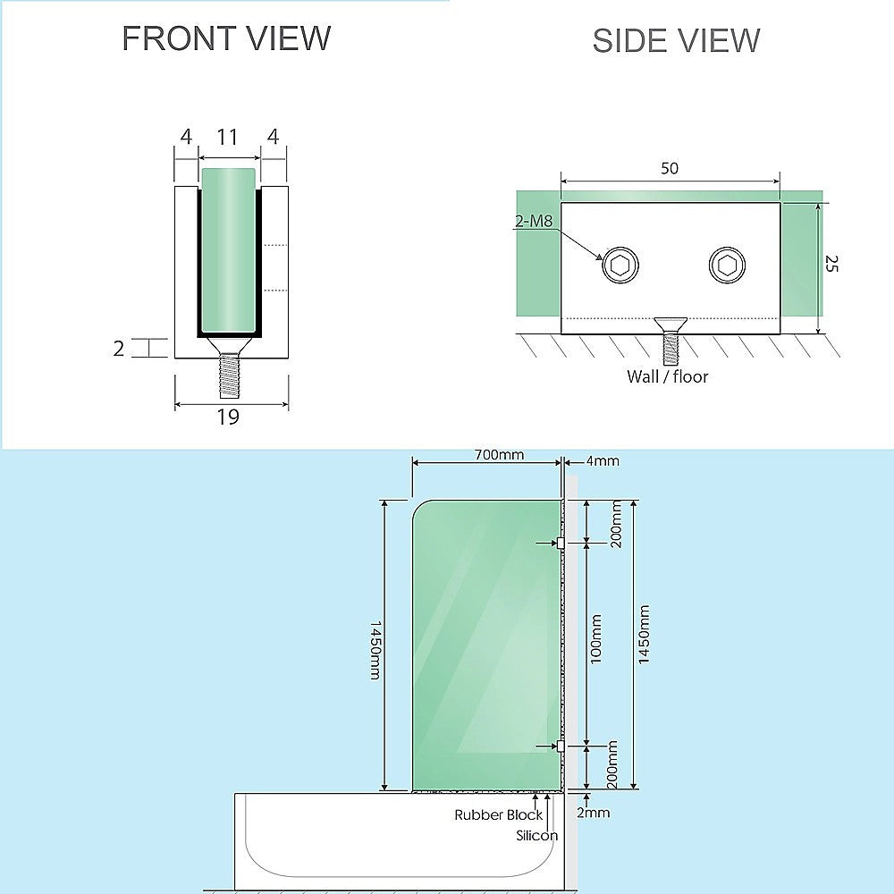70cm Frameless Glass Bath Screen with Brackets - White
