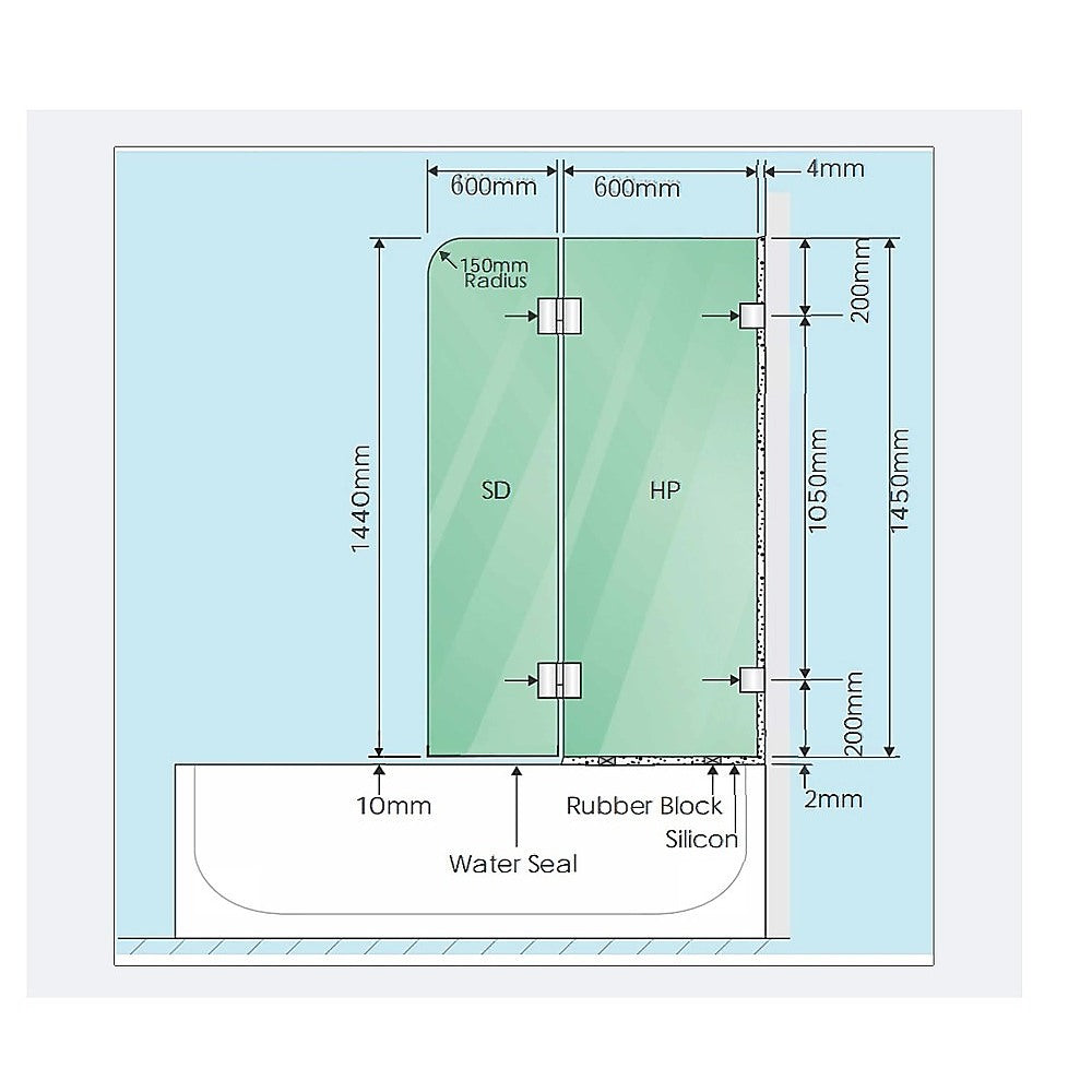 120cm Frameless Glass Bath Screen – Stainless Steel Wall U-Brackets in Chrome