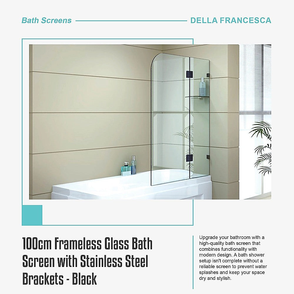 100cm Frameless Glass Bath Screen with Stainless Steel Brackets - Black