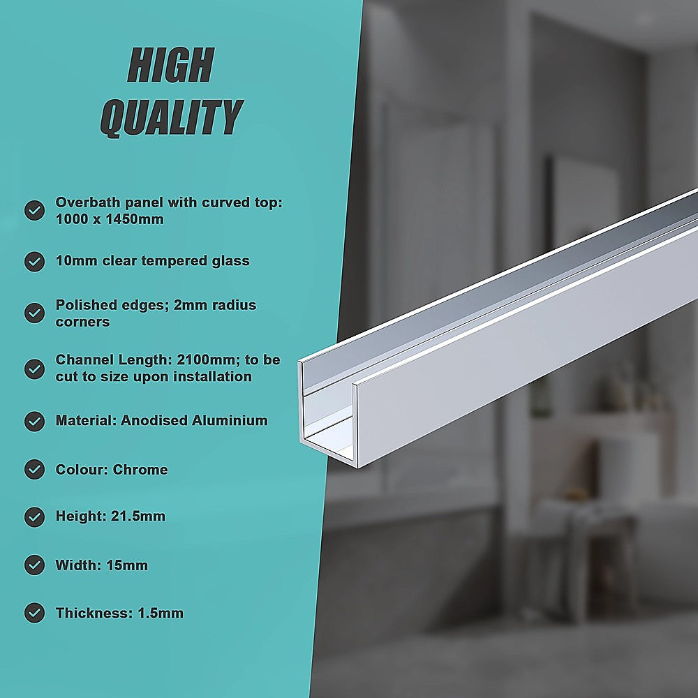 100cm Frameless Glass Bath Screen with Channel and Stainless Steel Hinges- Chrome