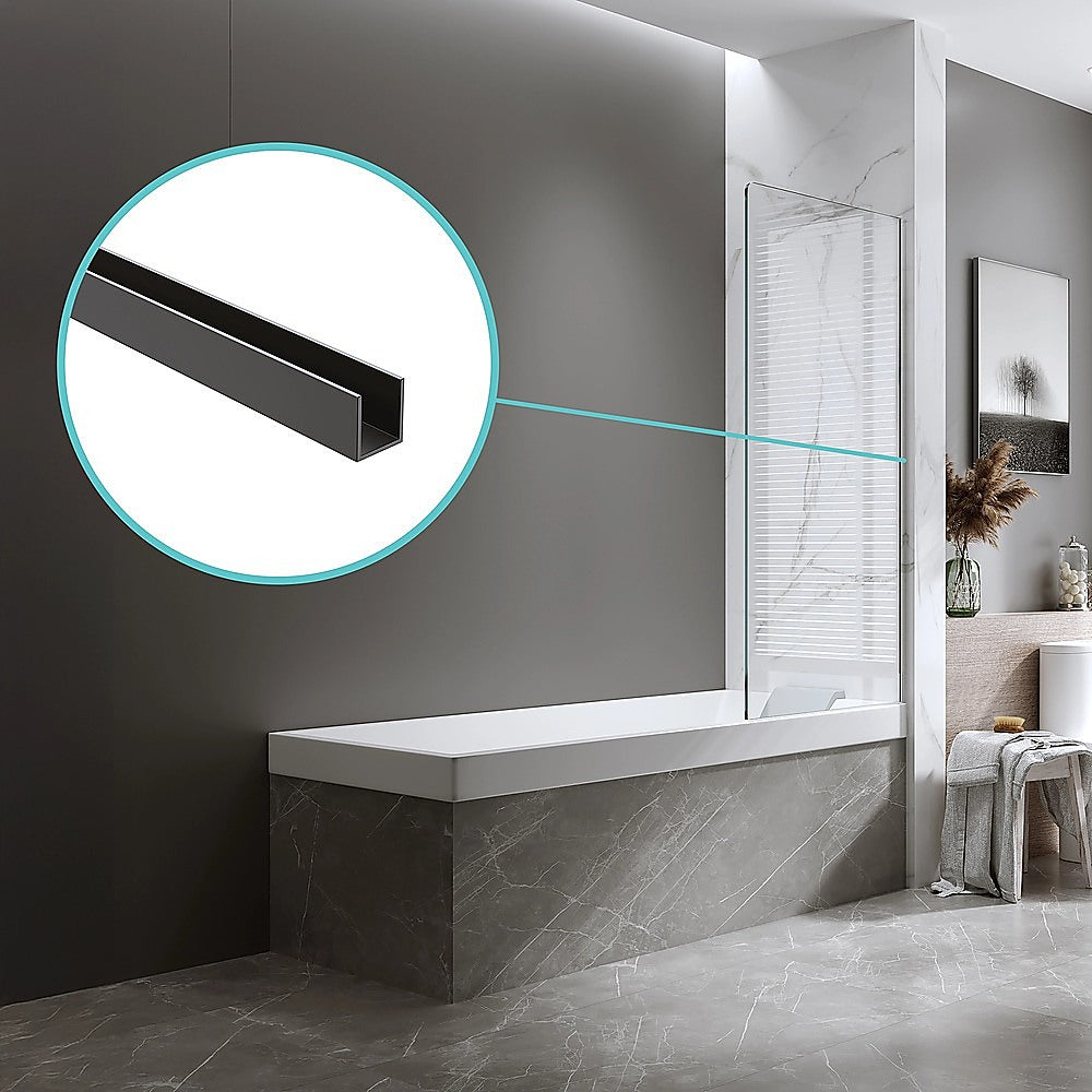 100cm Frameless Glass Bath Screen with Channel and Stainless Steel Hinges- Black