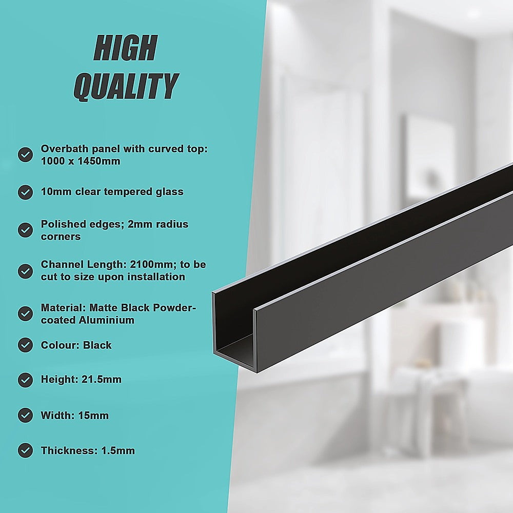 100cm Frameless Glass Bath Screen with Channel and Stainless Steel Hinges- Black
