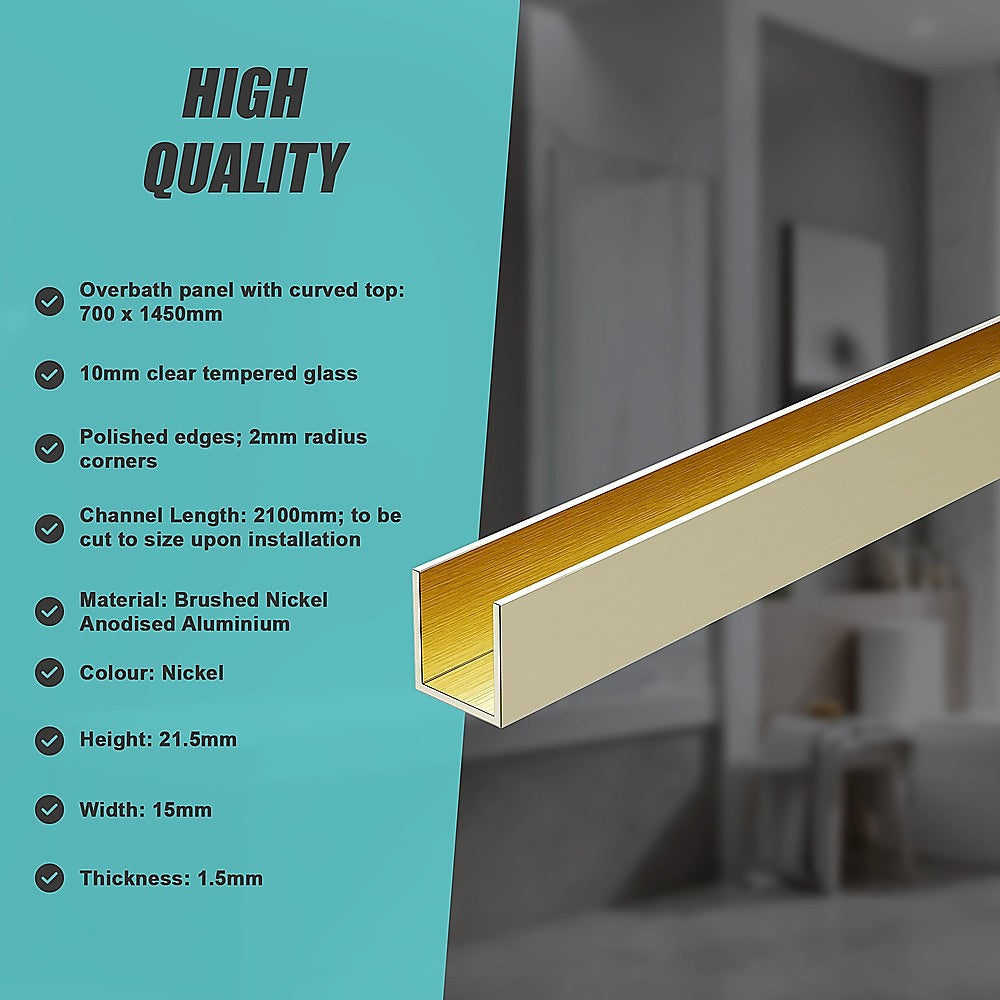 70cm Frameless Glass Bath Screen with Wall Channel - Nickel