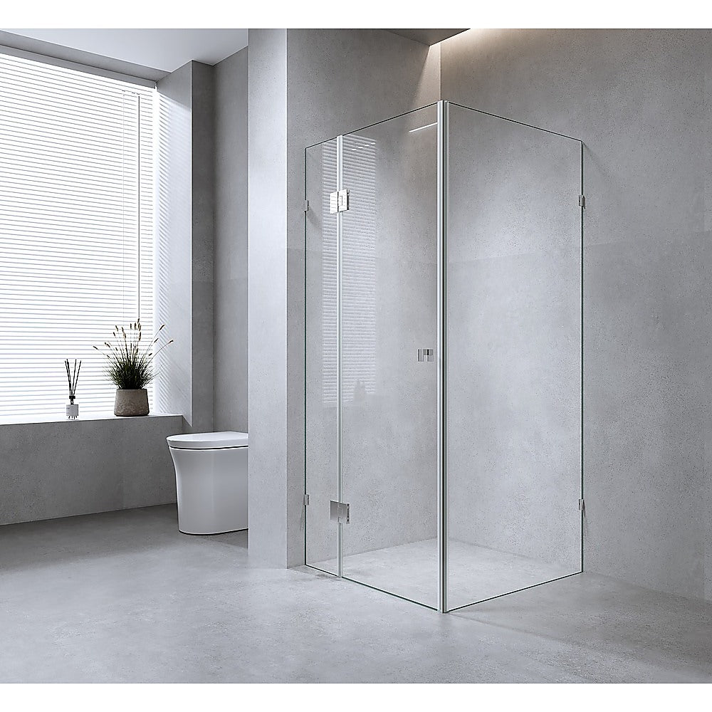 120x100cm Corner Frameless Shower Screen with Black Wall & Floor U-Brackets and SS Hinges, Square Knob Handle