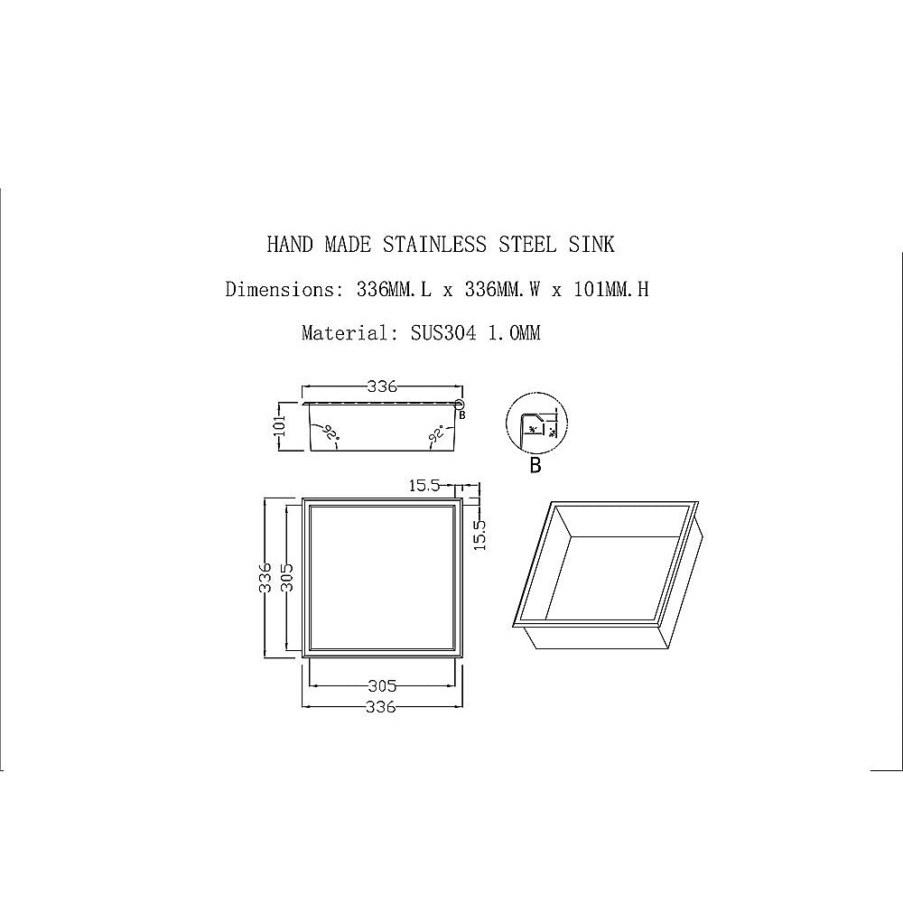336 x 336 x 101mm Shower Niche Single Shelf Organizer No Tile Needed in Stainless Steel Finish