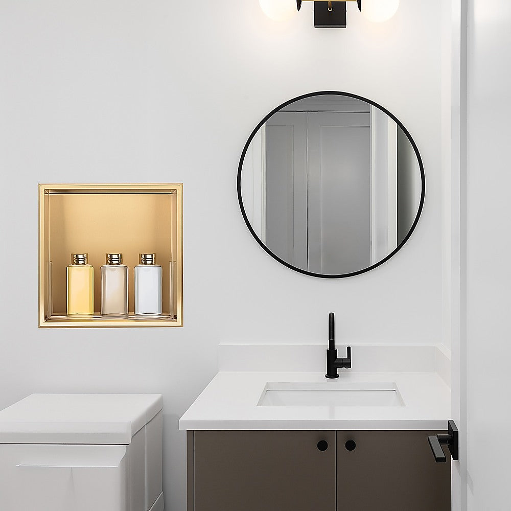 336 x 336 x 101mm Shower Niche Single Shelf Organizer No Tile Needed in Gold