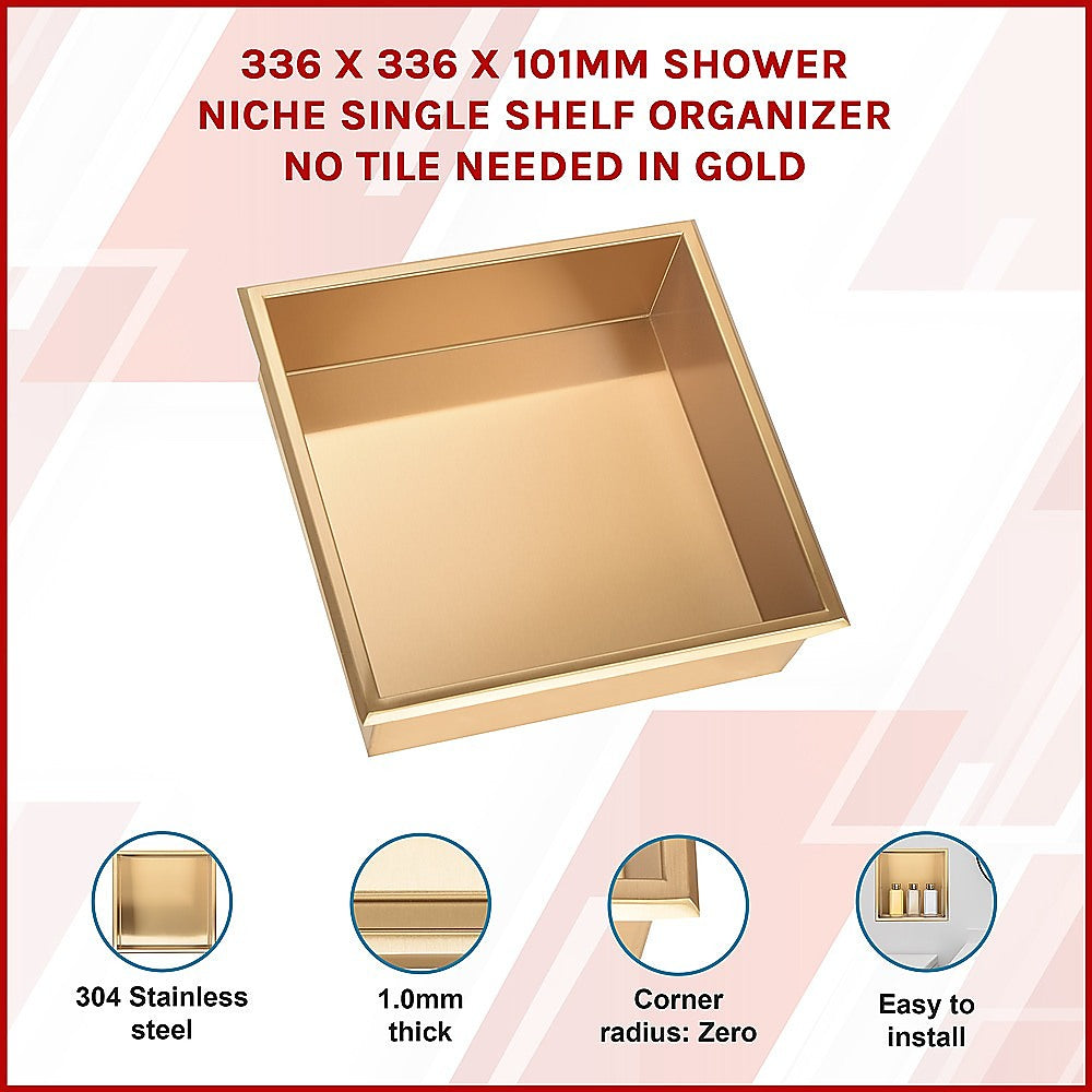 336 x 336 x 101mm Shower Niche Single Shelf Organizer No Tile Needed in Gold