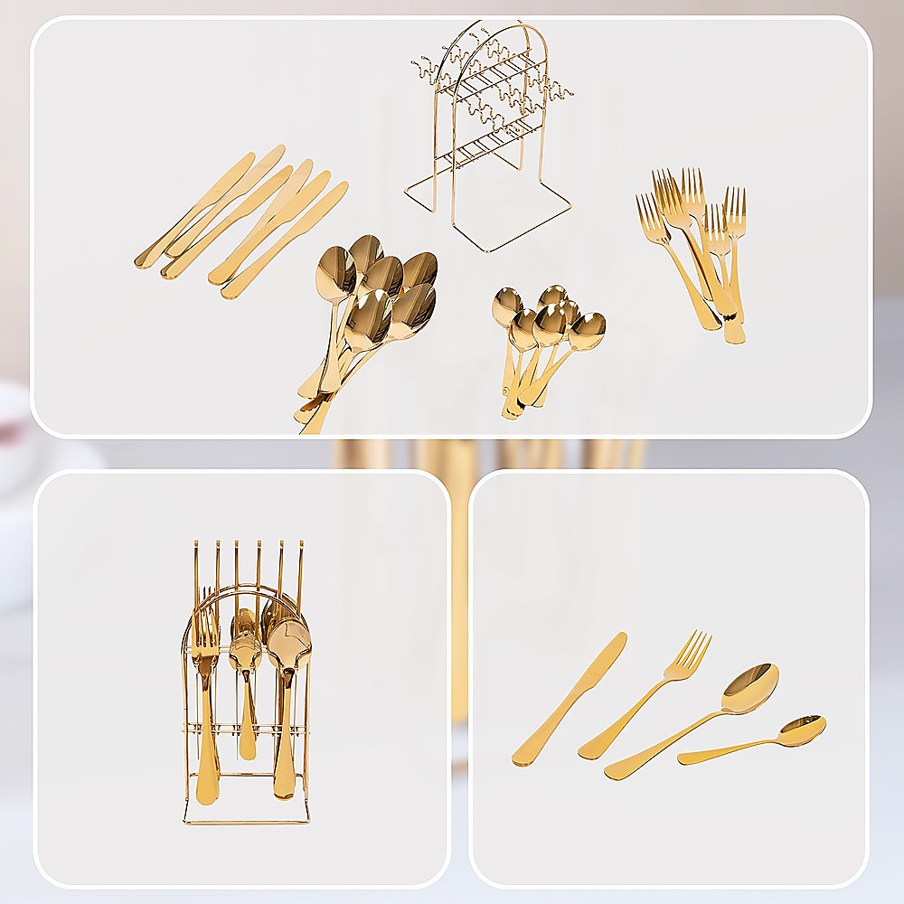 Tableware 24PC Gold Cutlery Set SS304 Household Knife Fork Spoon Kitchen with Storage Rack Dinner Service