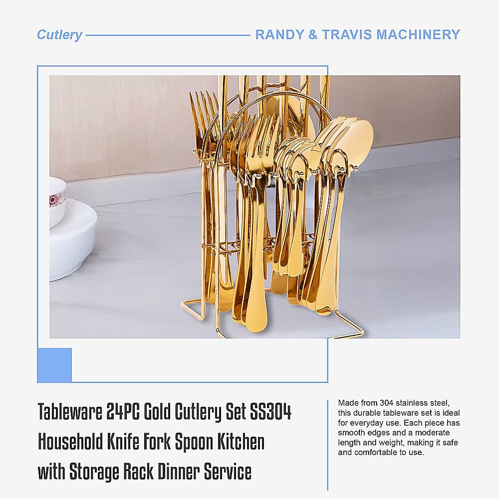 Tableware 24PC Gold Cutlery Set SS304 Household Knife Fork Spoon Kitchen with Storage Rack Dinner Service