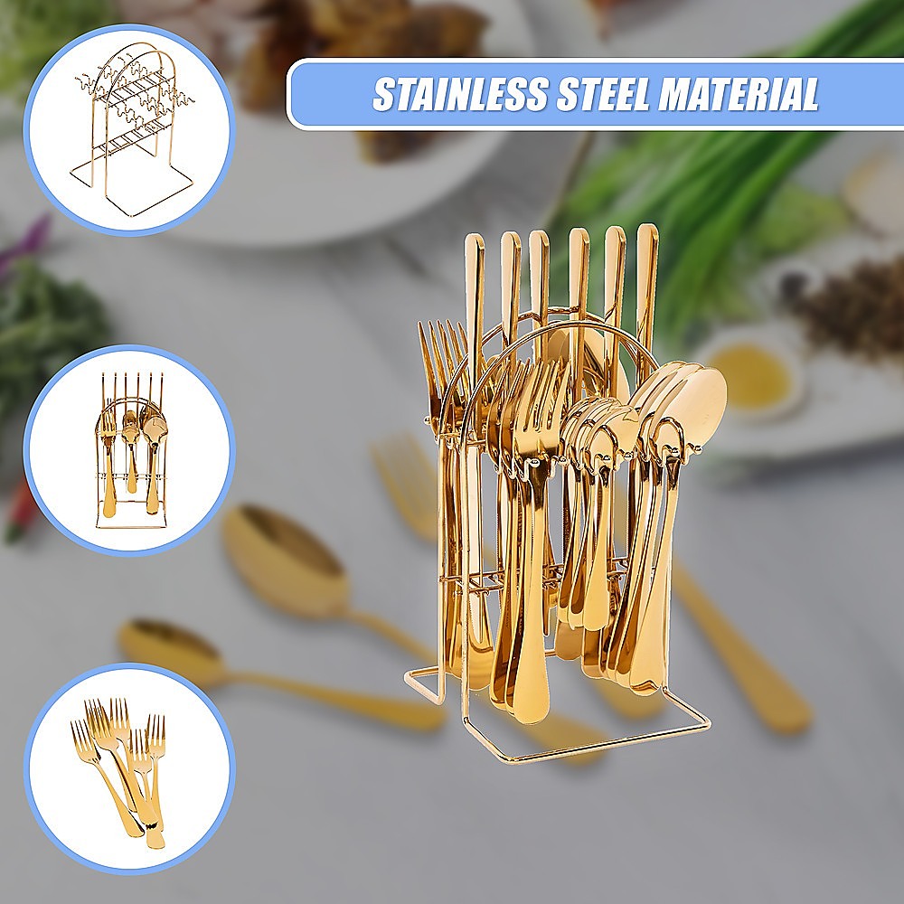 Tableware 24PC Gold Cutlery Set SS304 Household Knife Fork Spoon Kitchen with Storage Rack Dinner Service