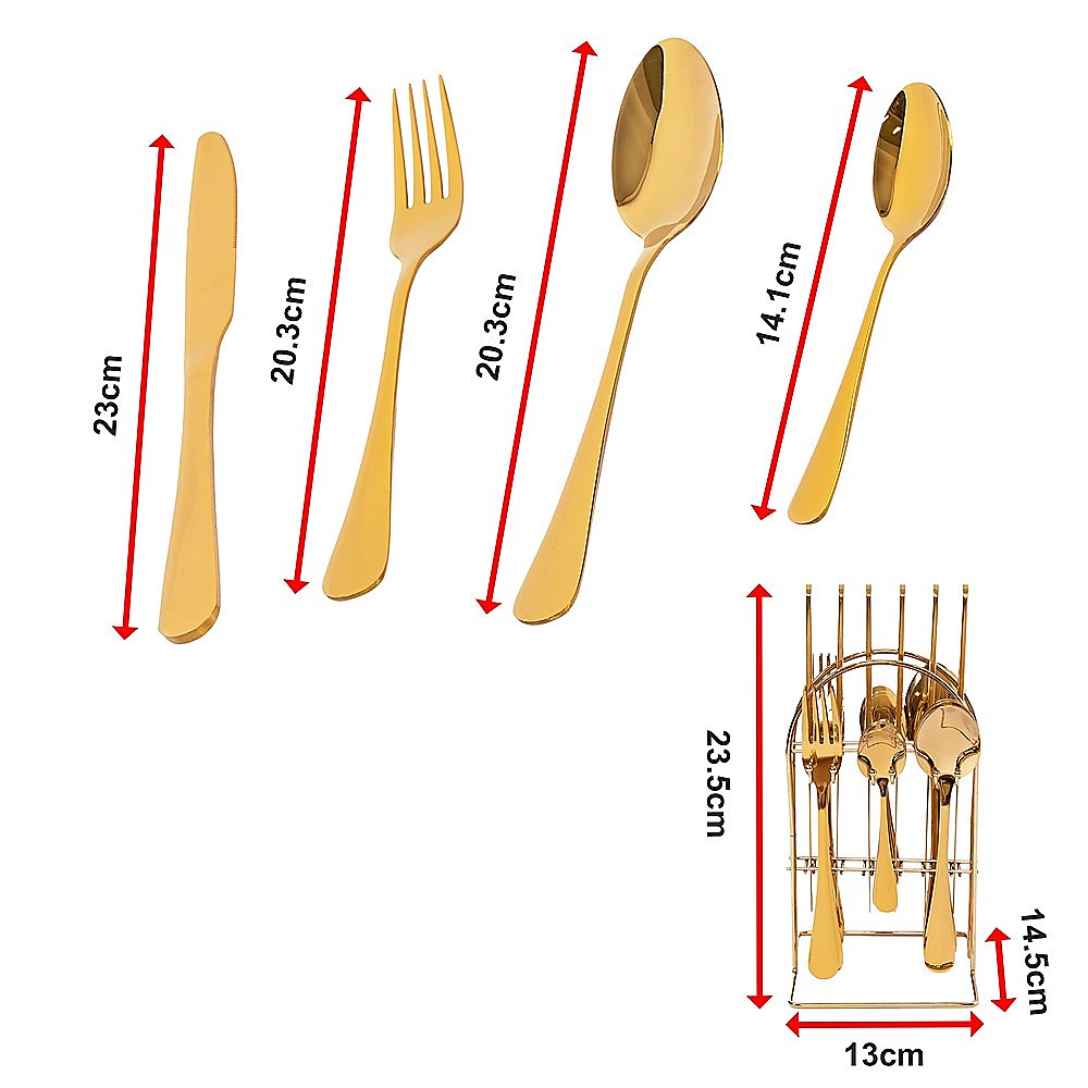 Tableware 24PC Gold Cutlery Set SS304 Household Knife Fork Spoon Kitchen with Storage Rack Dinner Service