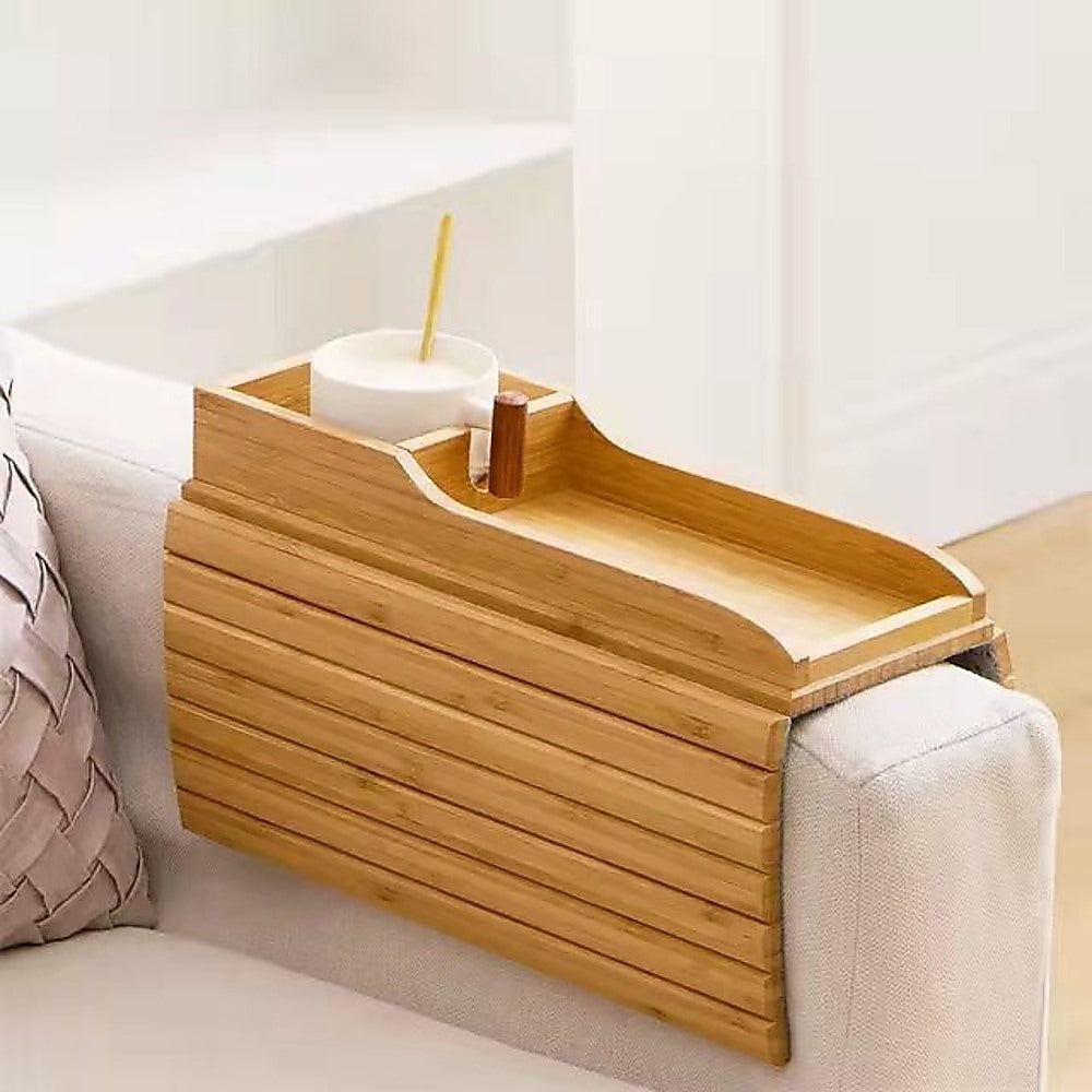 Bamboo Sofa Arm Tray Couch Phone Holder Anti-Slip for Snacks Drinks