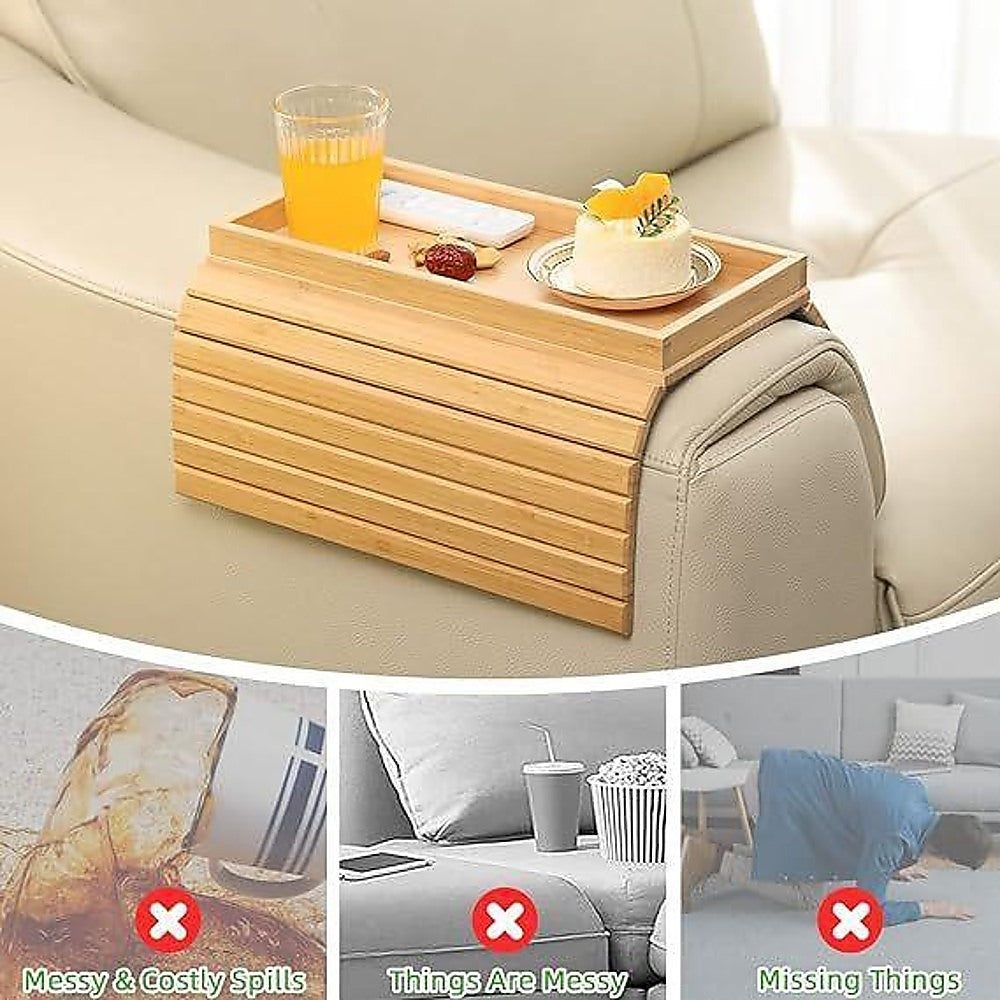 Bamboo Sofa Arm Tray Couch Phone Holder Anti-Slip for Snacks Drinks