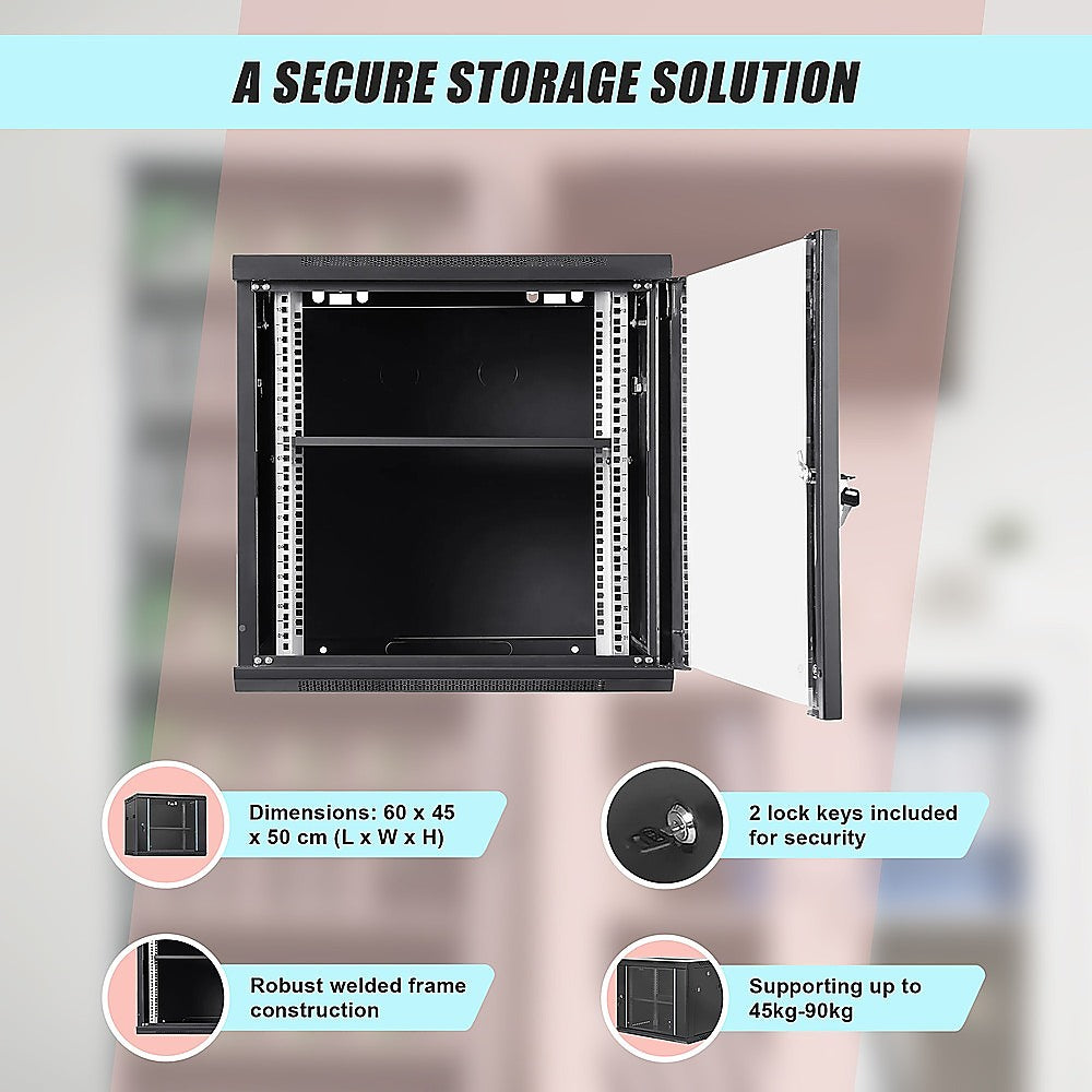 9U Wall Mount Network Server Rack Cabinet Enclosure, 39cm Depth, 90kg Cap