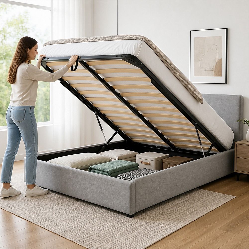 Gas Lift Bed Mechanism – Double Bed Frame with Wooden Slats