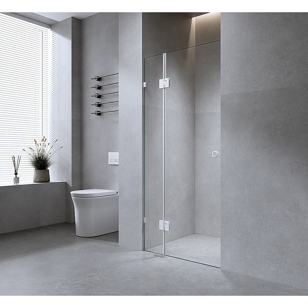 90cm Wall to Wall Frameless Shower Screen with White Brackets and SS Hinges - Wall F-Brackets
