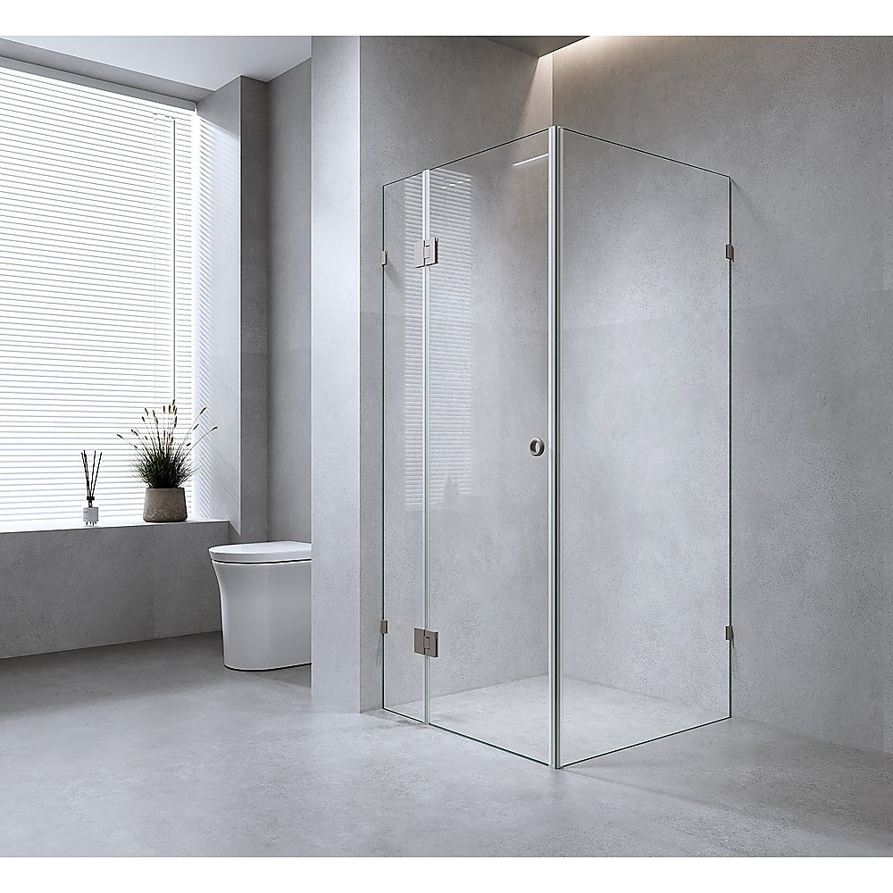 120x110cm Corner Frameless Shower Screen – White Wall & Floor U-Brackets with SS Hinges for Contemporary Bathrooms