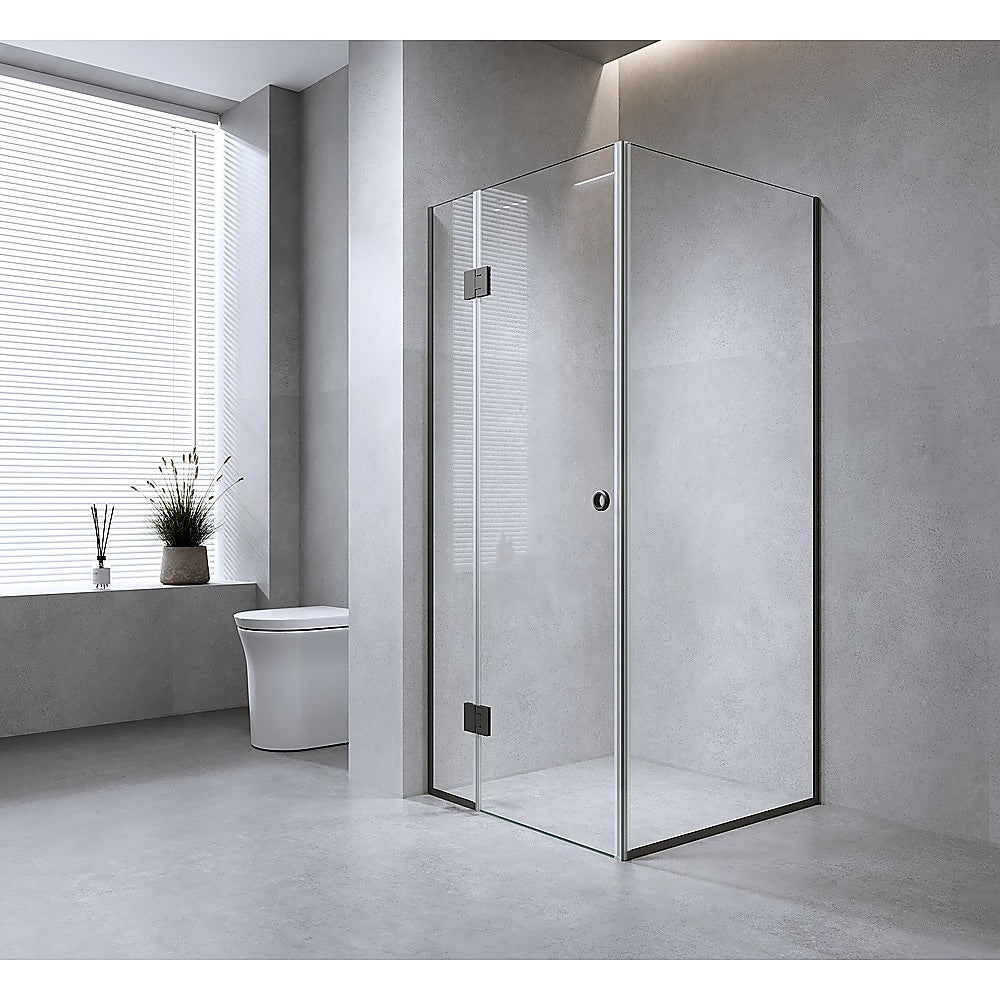 90x80cm Corner Frameless Shower Screen – White Wall Channel with Brass Hinges for Elegant Bathrooms