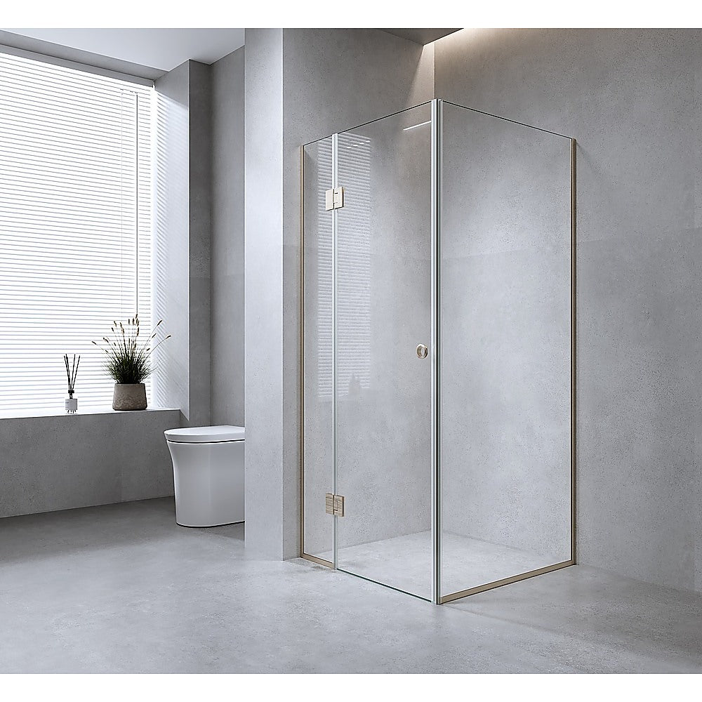 120x70cm Corner Frameless Shower Screen – Gunmetal Wall & Floor Channel with Brass Hinges for Elegant Bathrooms