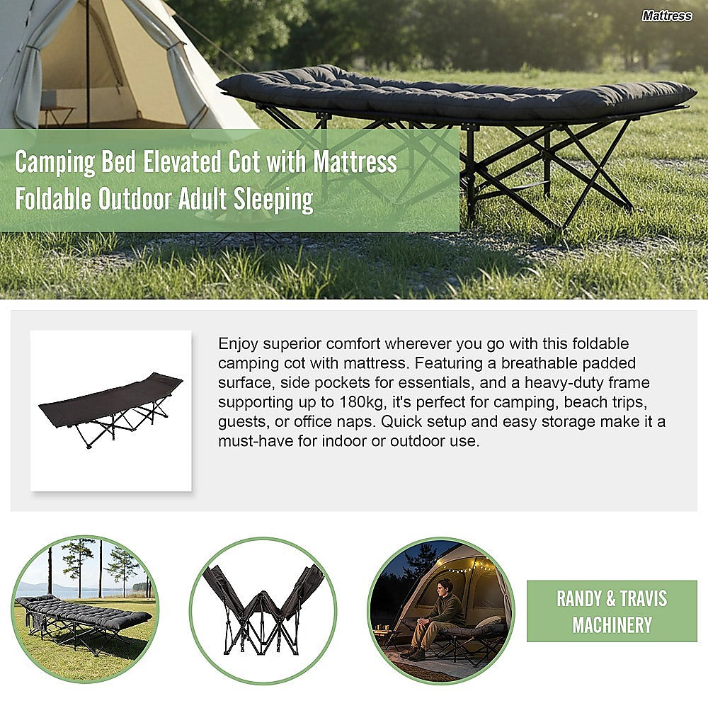 Camping Bed Elevated Cot with Mattress Foldable Outdoor Adult Sleeping