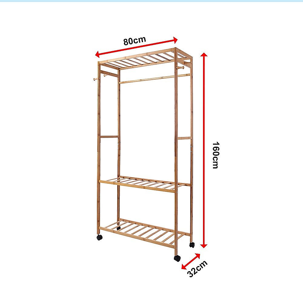 Wooden Clothes Rail with Shelves & Wheels – Open Wardrobe Rack Stand