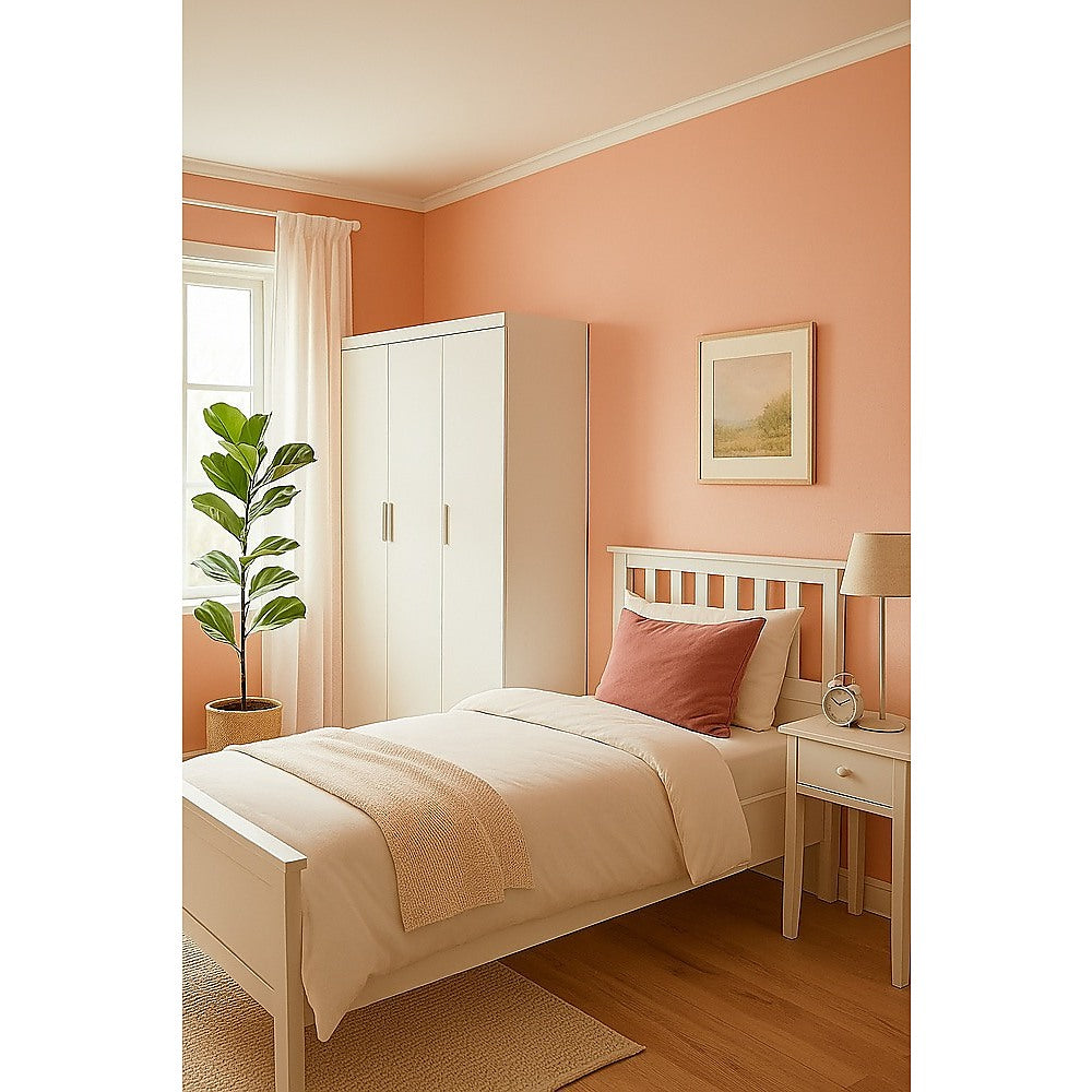 3 Door White Wardrobe – White Handles, Hanging Rail & Shelves