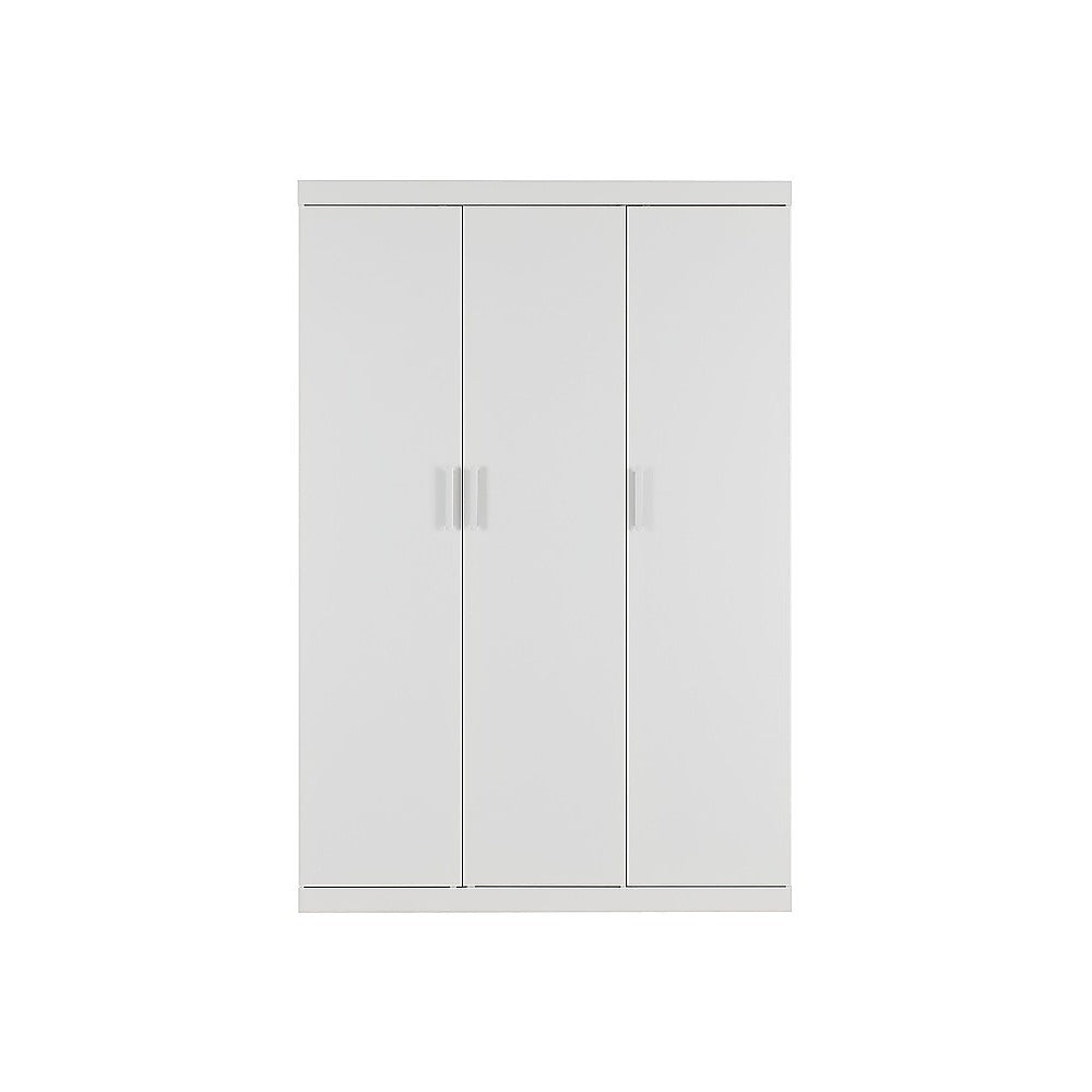 3 Door White Wardrobe – White Handles, Hanging Rail & Shelves