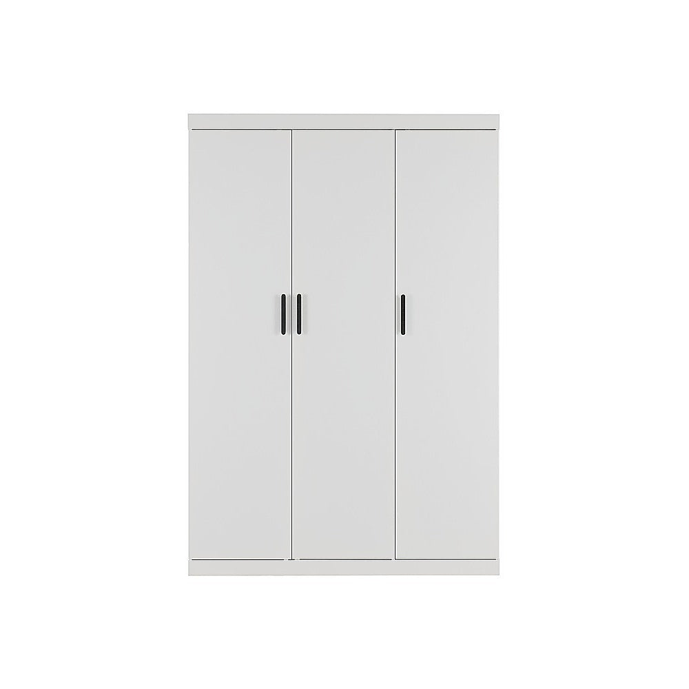 3 Door White Wardrobe – Black Handles, Hanging Rail & Shelves