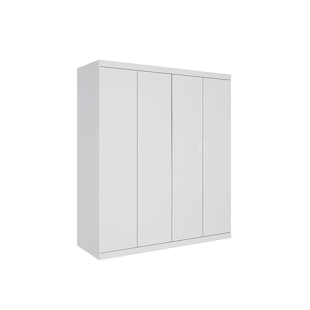 4 Door White Wardrobe Cabinet – Hanging Rail, Shelves & White Handles