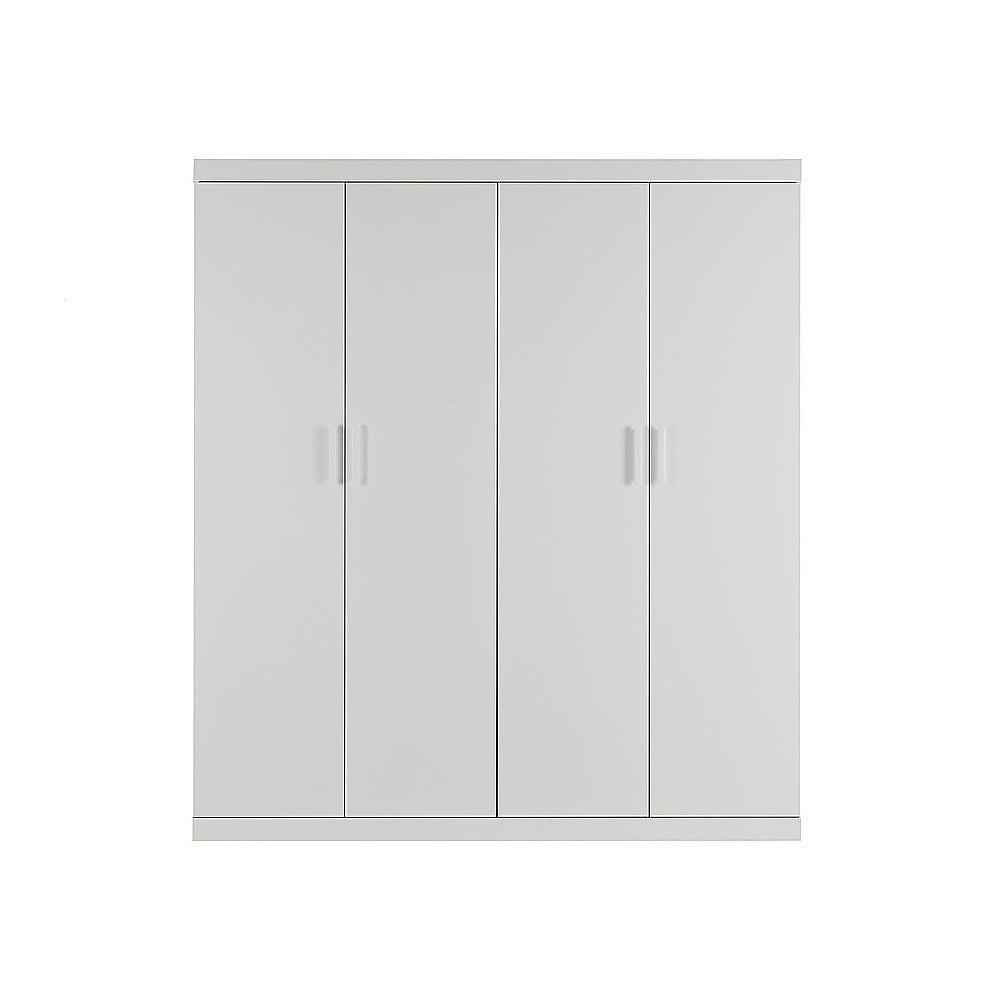 4 Door White Wardrobe Cabinet – Hanging Rail, Shelves & White Handles
