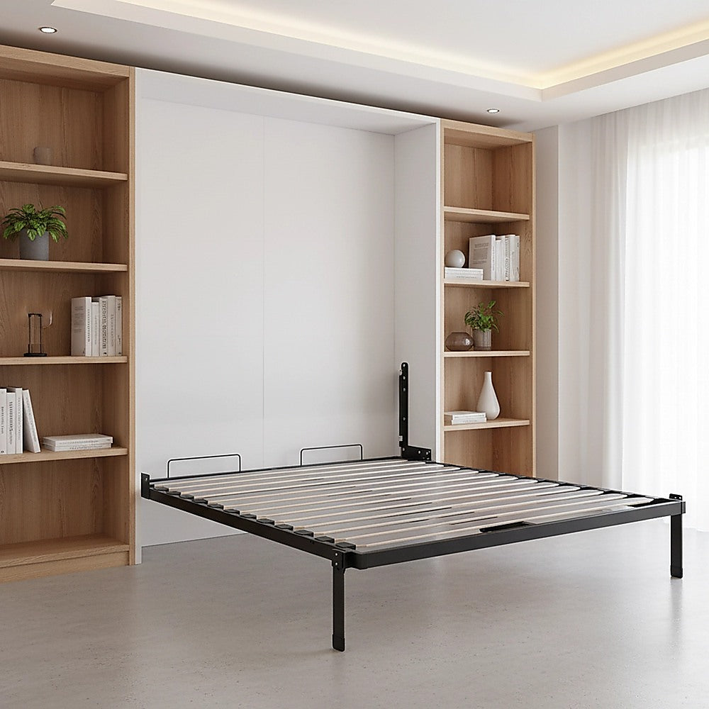 Double Wall Bed in White Gloss – Space Saving Murphy Bed Kit with Silver Door Handle