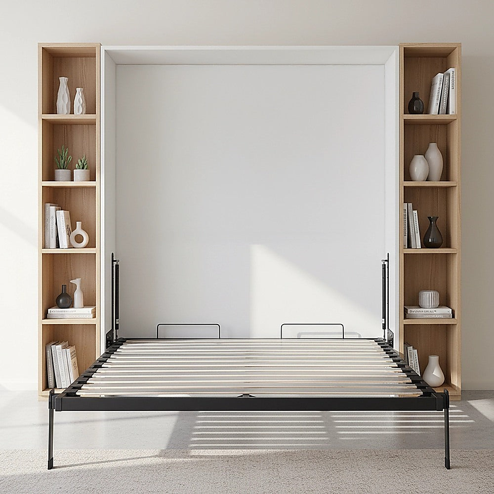 Double Wall Bed in White Gloss – Space Saving Murphy Bed Kit with Black Door Handle