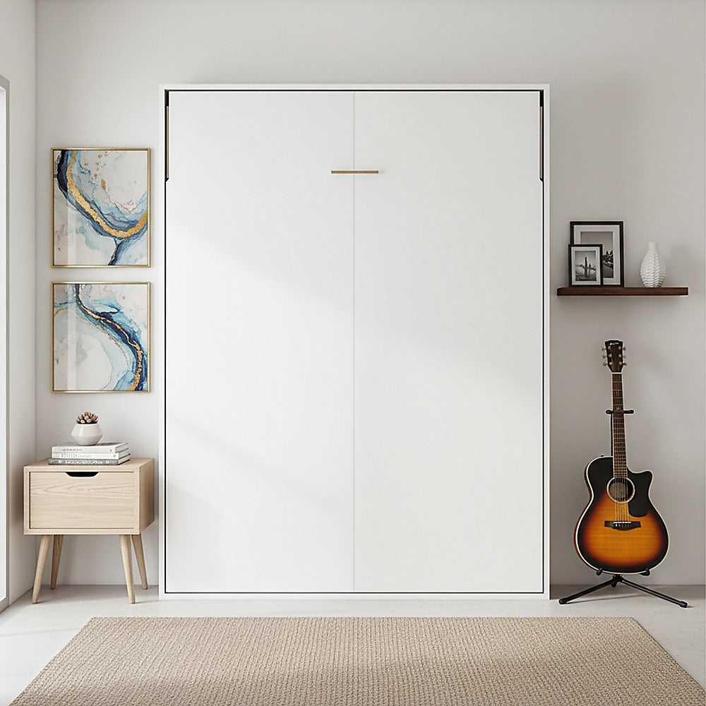 Double Wall Bed in White – Space Saving Murphy Bed Kit with Silver Door Handle