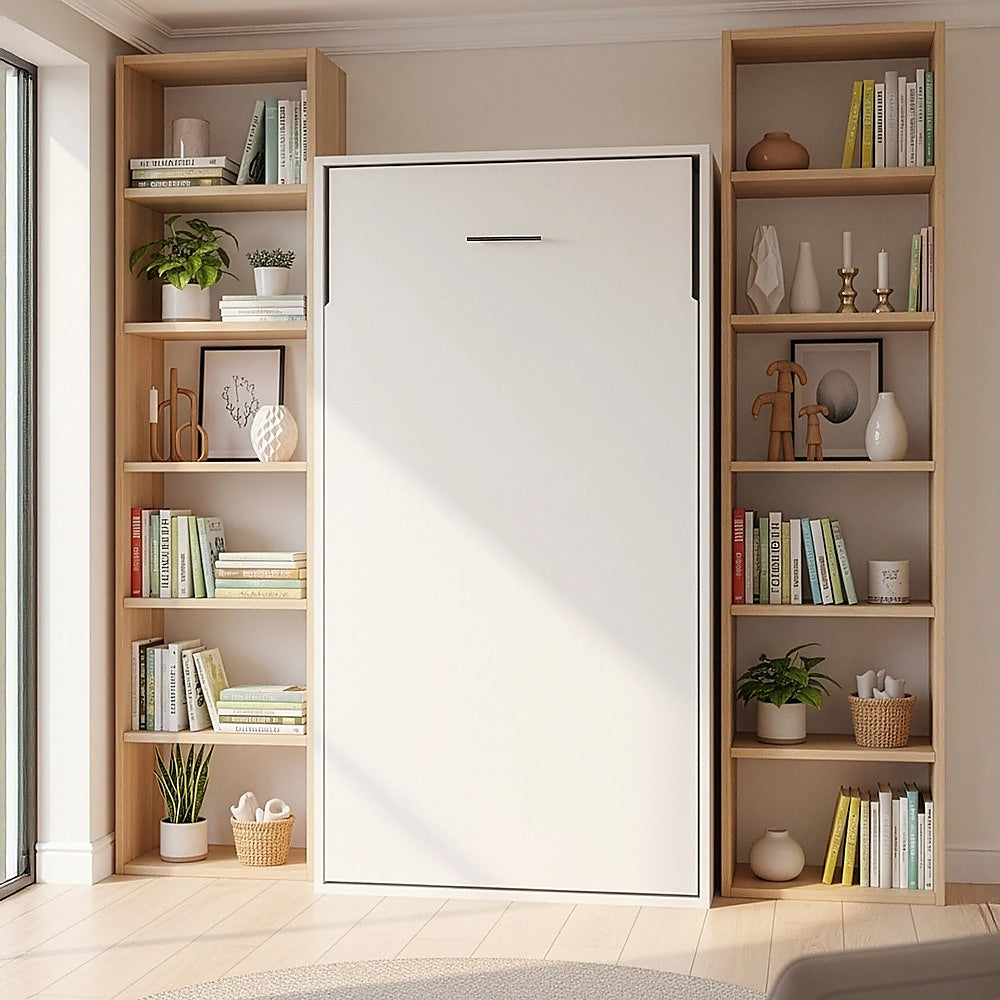 Single Wall Bed in White – Space Saving Murphy Bed Kit with Silver Door Handle