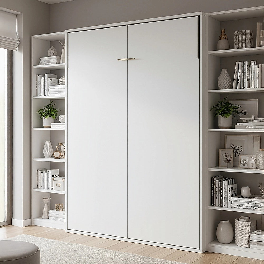 Queen Wall Bed in White – Space Saving Murphy Bed Kit with Black Door Handle