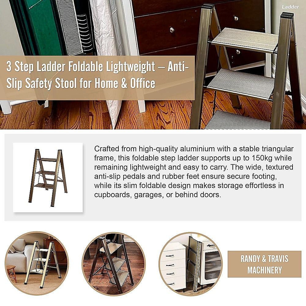 3 Step Ladder Foldable Lightweight – Anti-Slip Safety Stool for Home & Office