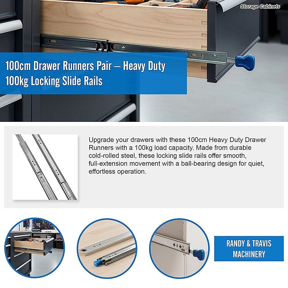 100cm Drawer Runners Pair – Heavy Duty 100kg Locking Slide Rails