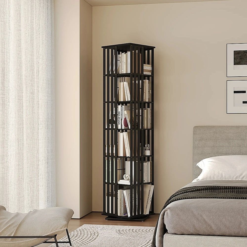360 Rotating Bamboo Bookshelf Black Storage Display Rack with 6 Shelves