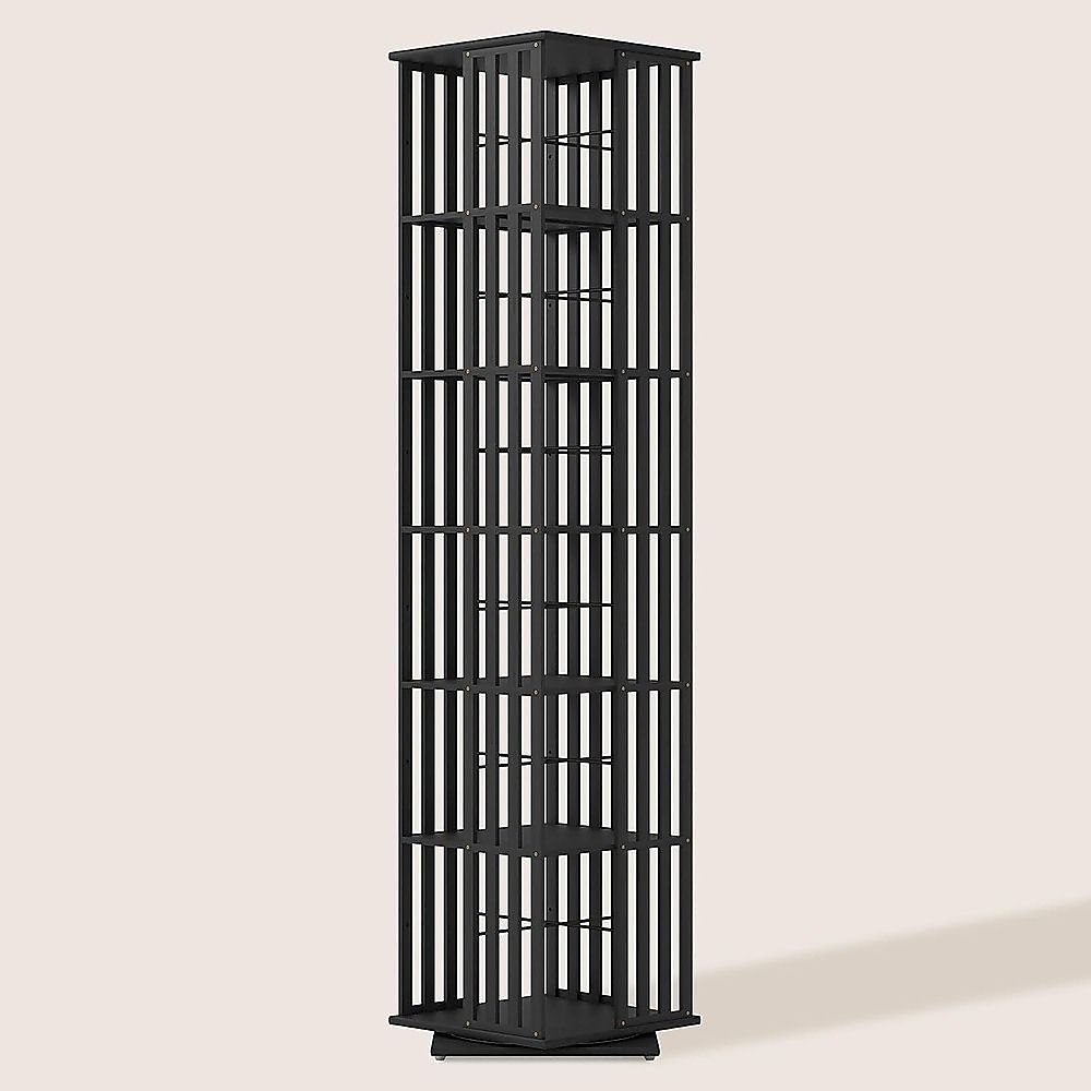 360 Rotating Bamboo Bookshelf Black Storage Display Rack with 6 Shelves